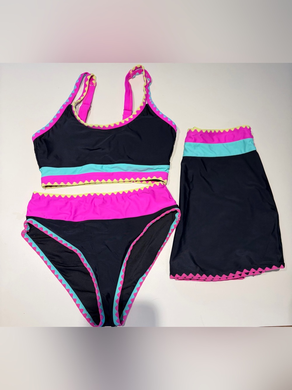 Women’s Black Swim 3 piece Set with Pink & Teal Trim